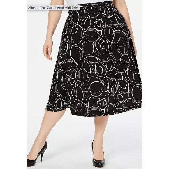 Alfani Skirt Plus Sz16W Midi Cobalt Breeze Black White Floral Elastic Waist NEW - Picture 2 of 12